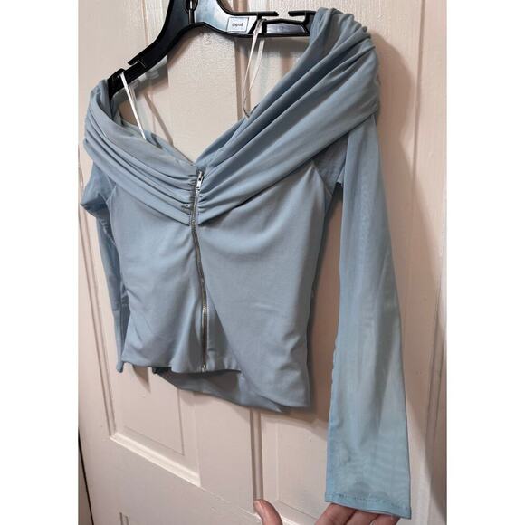 Self Portrait Blue Off The Shoulder Cold Shoulder Sheer Sleeve Top Size 6 - Picture 6 of 10